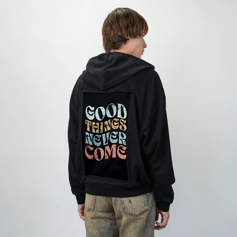 goodthingsnevercome patch on male essential zip hoodie in after hours