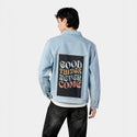 goodthingsnevercome patch on male og denim jacket in oceanside