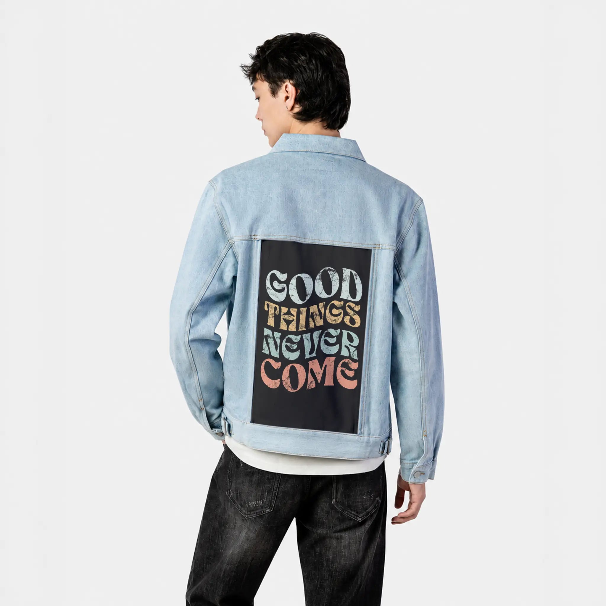 goodthingsnevercome patch on male og denim jacket in oceanside