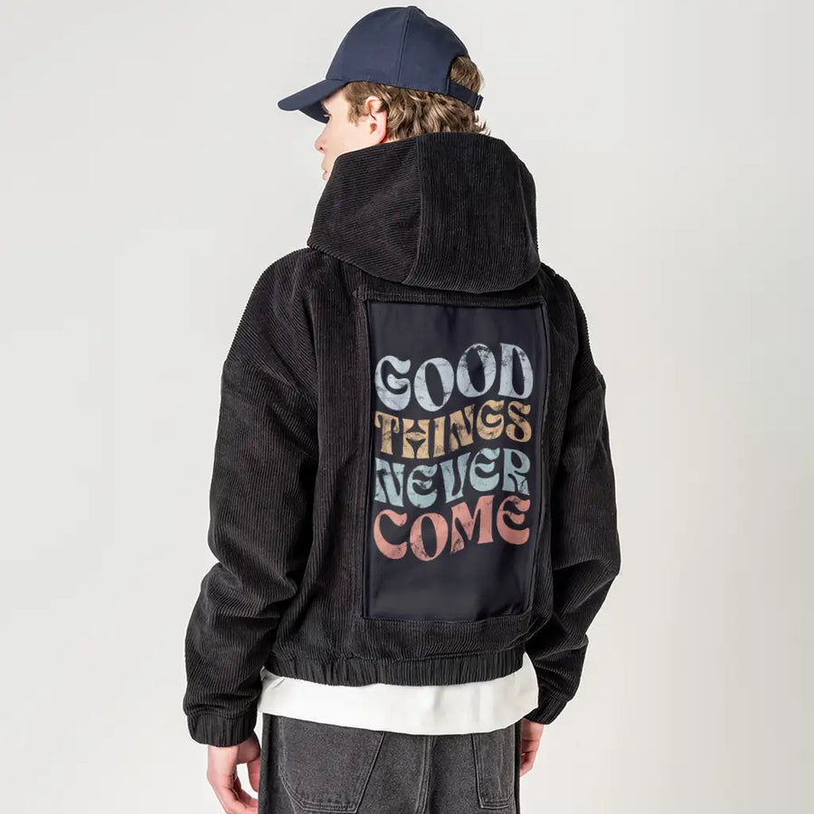 goodthingsnevercome patch on male retro cord hoodie in onyx