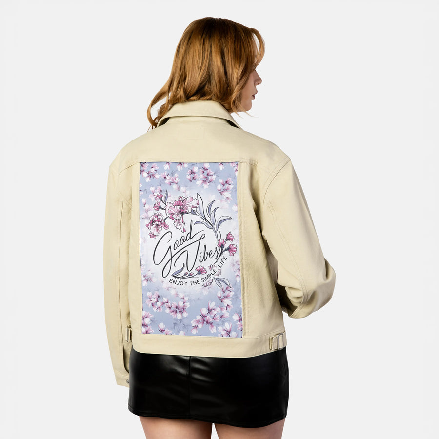 goodvibes patch on female atelier canvas jacket in tan
