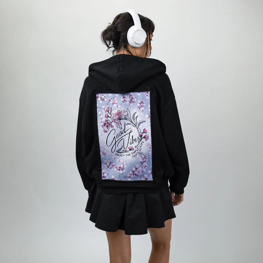 goodvibes patch on female essential zip hoodie in after hours
