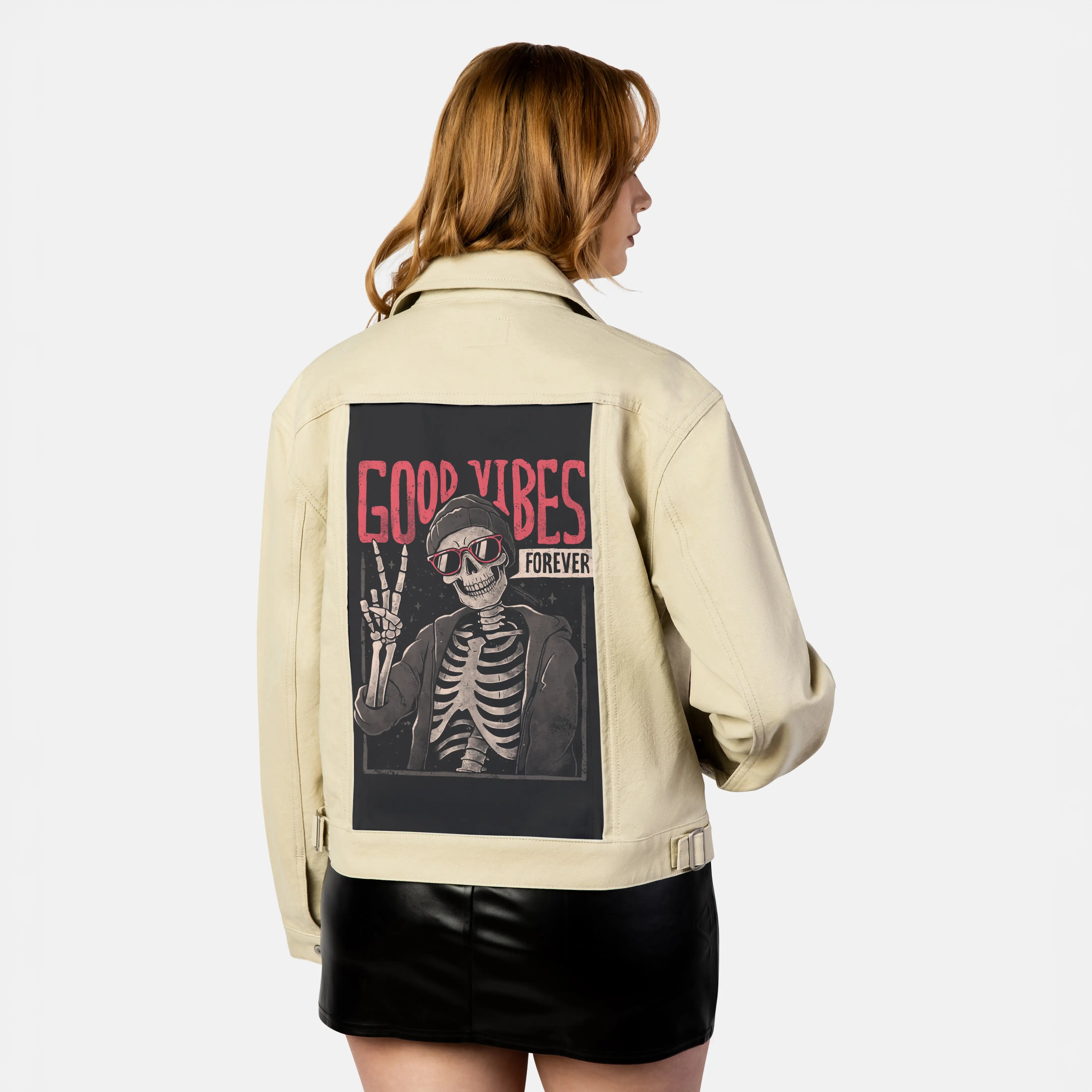 goodvibesforever patch on female atelier canvas jacket in tan
