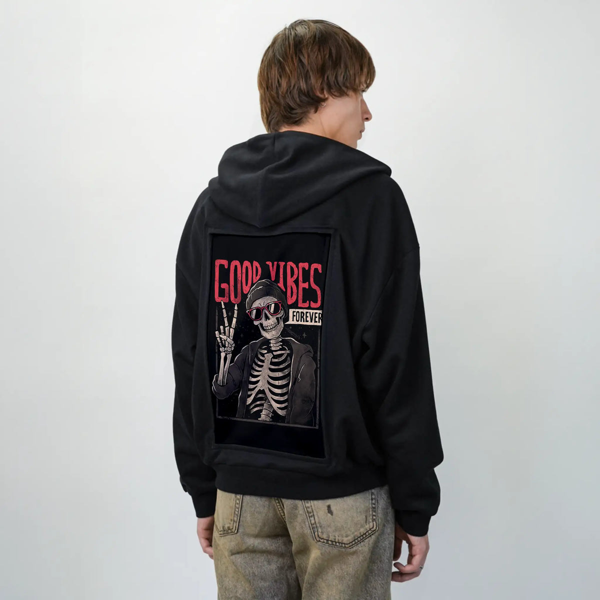 goodvibesforever patch on male essential zip hoodie in after hours