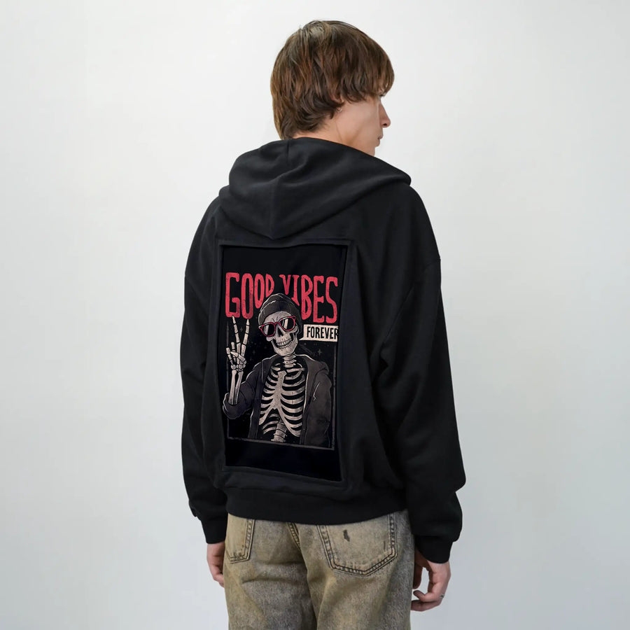goodvibesforever patch on male essential zip hoodie in after hours