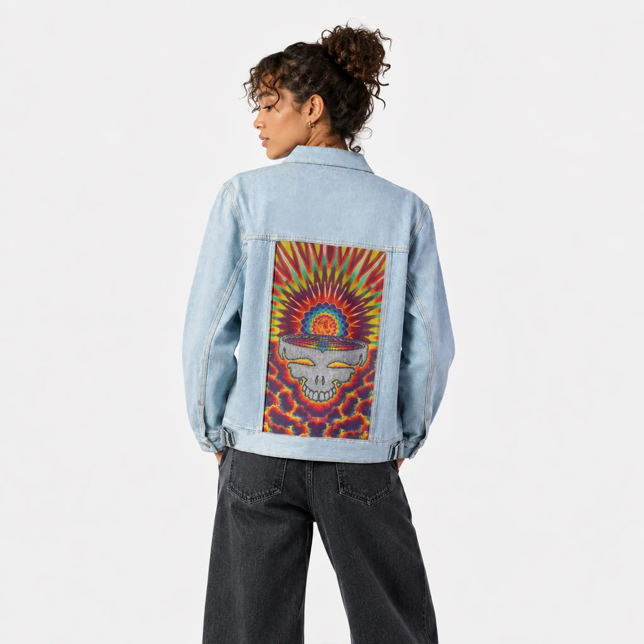 gratefuldawn patch on female og denim jacket in oceanside