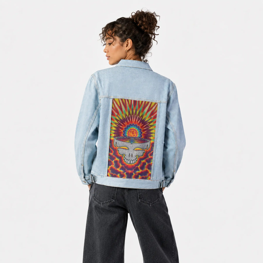 gratefuldawn patch on female og denim jacket in oceanside