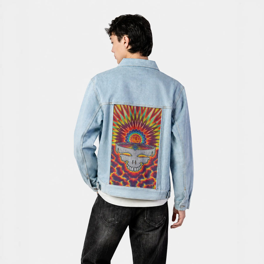 gratefuldawn patch on male og denim jacket in oceanside