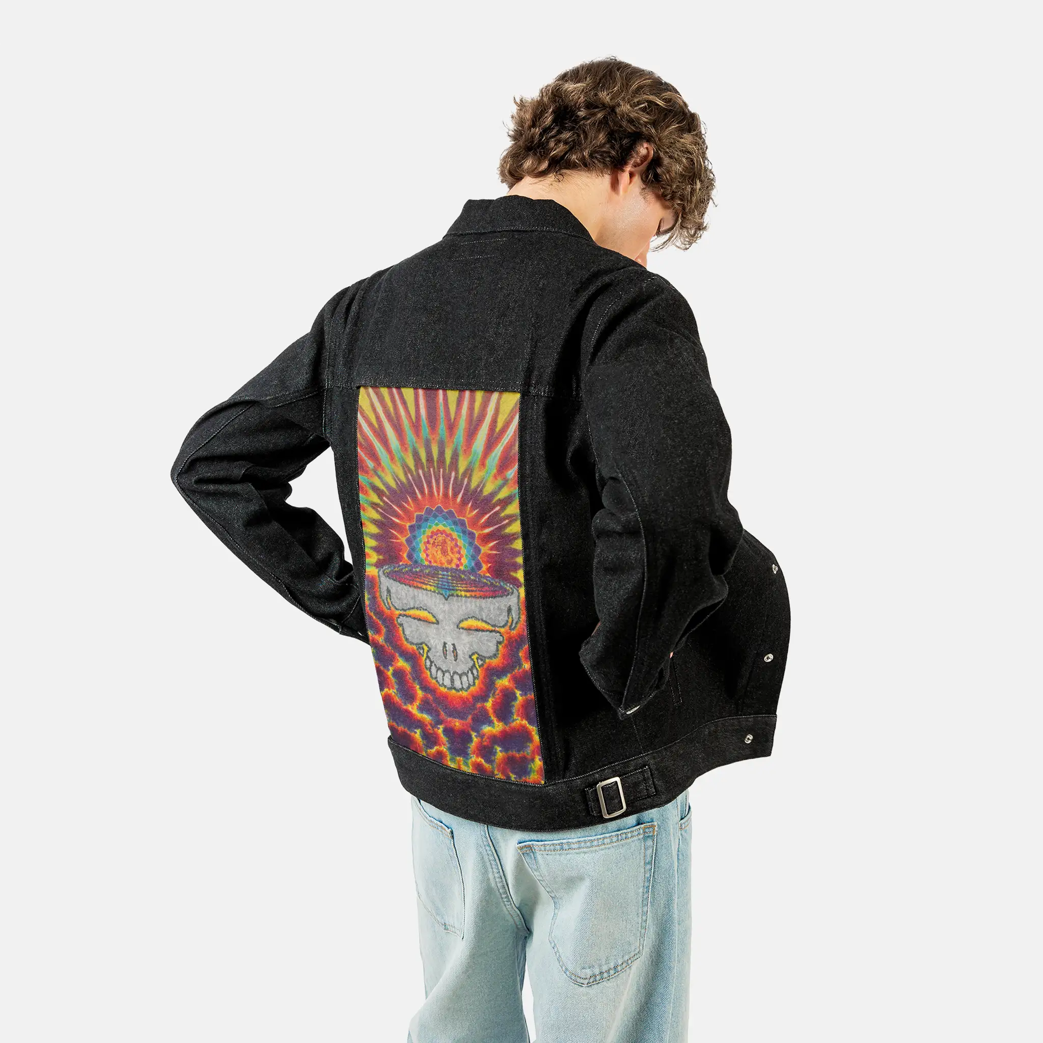 gratefuldawn patch on male og denim jacket in raven