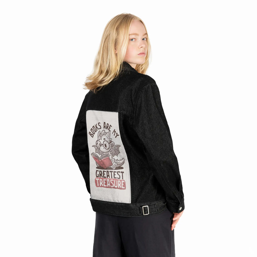 greatesttreasure patch on female og denim jacket in raven