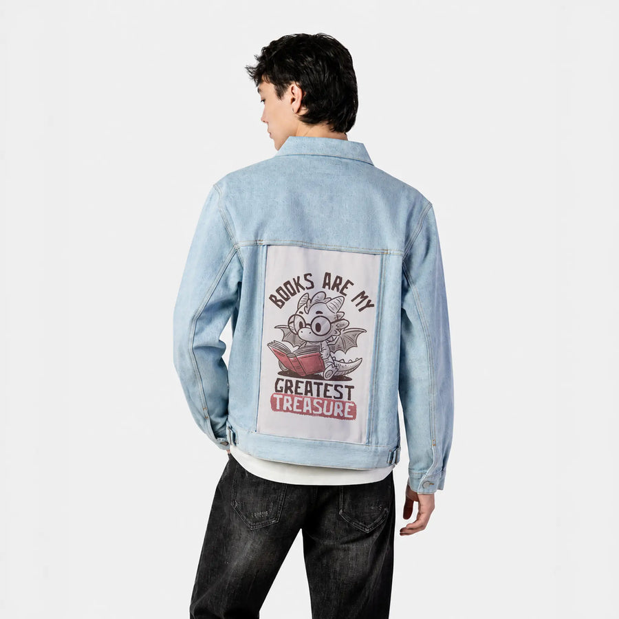 greatesttreasure patch on male og denim jacket in oceanside