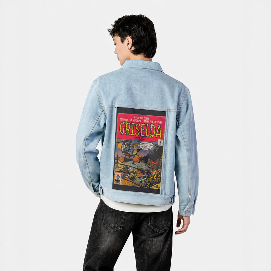 griselda patch on male og denim jacket in oceanside