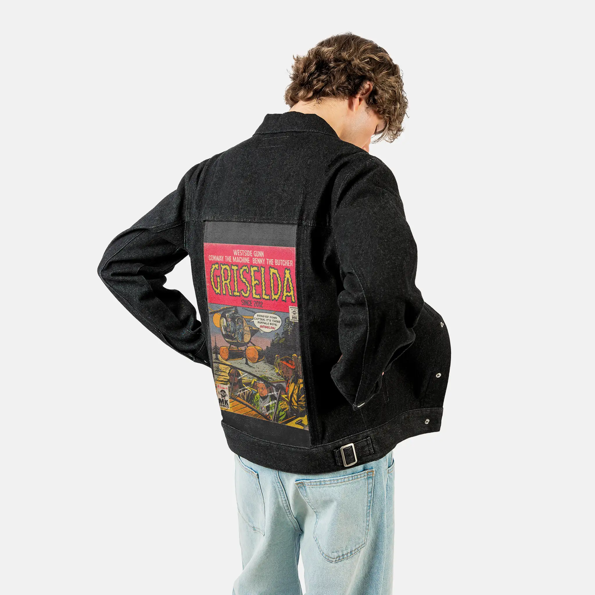 griselda patch on male og denim jacket in raven