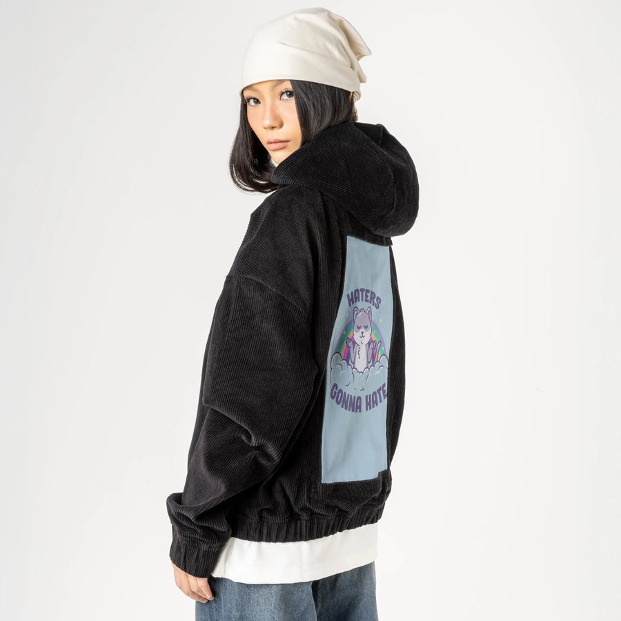groundedkitty patch on female retro cord hoodie in onyx