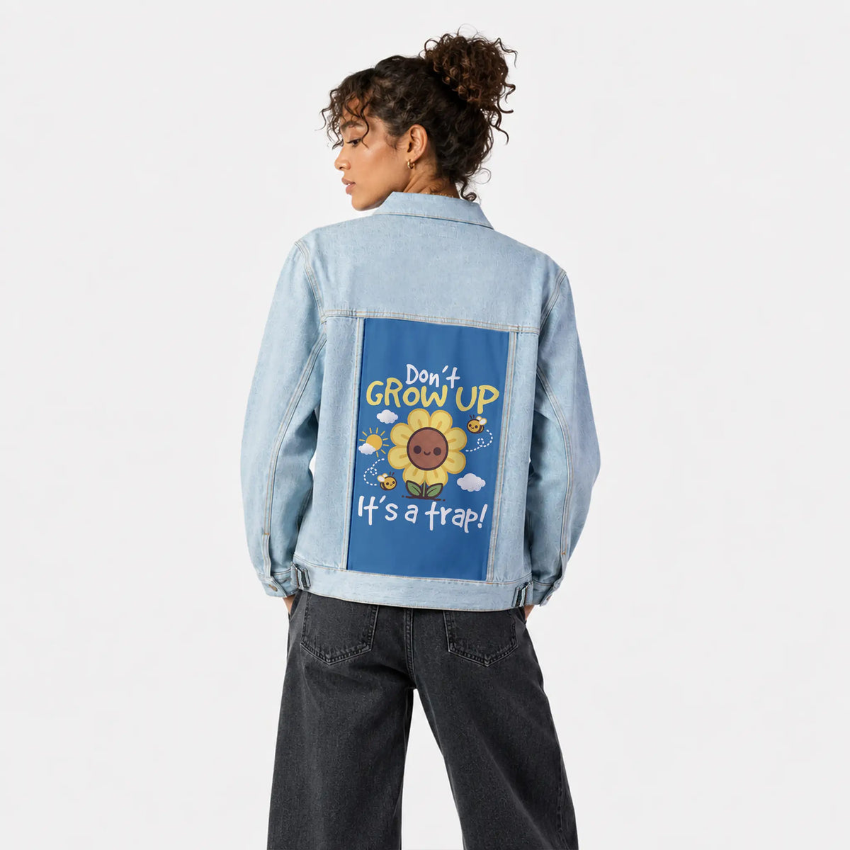 growingup patch on female og denim jacket in oceanside