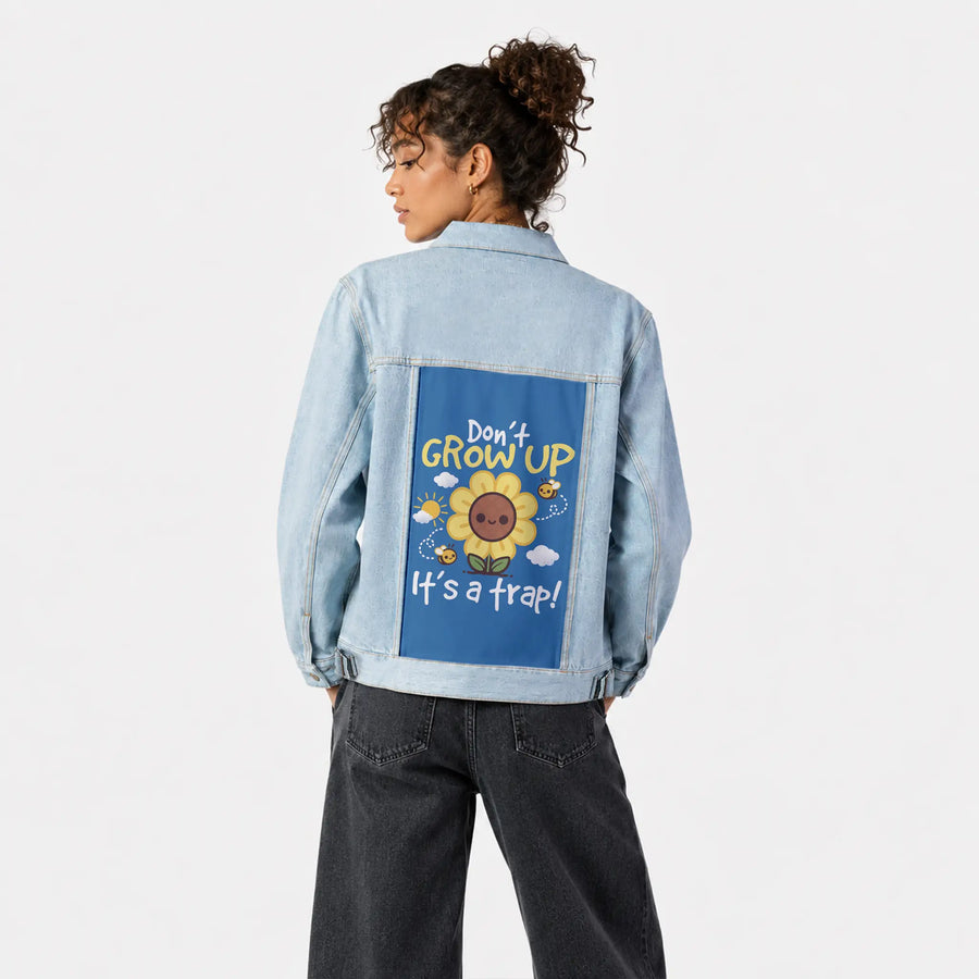 growingup patch on female og denim jacket in oceanside