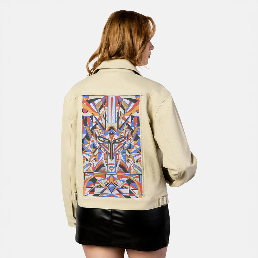 gundamforce patch on female atelier canvas jacket in tan