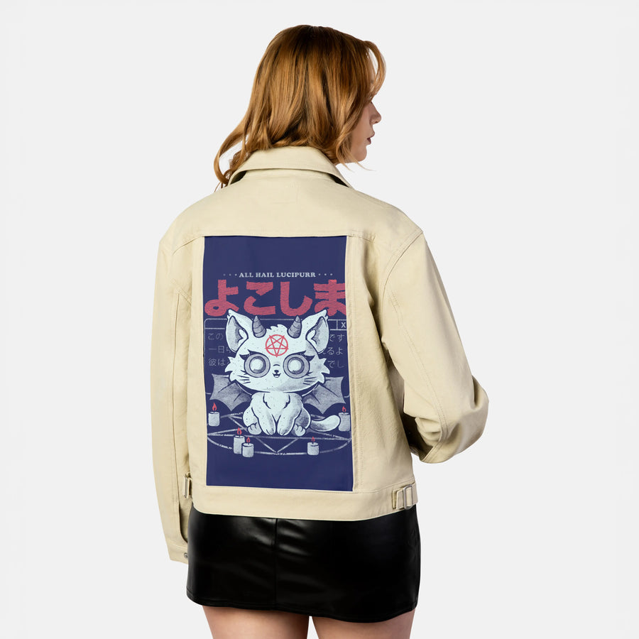haillucipurr patch on female atelier canvas jacket in tan