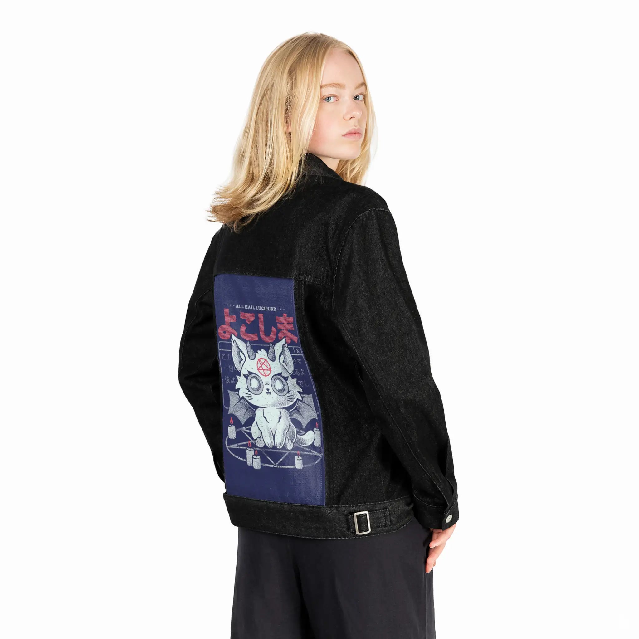 haillucipurr patch on female og denim jacket in raven