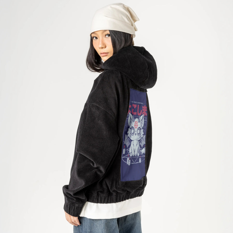 haillucipurr patch on female retro cord hoodie in onyx