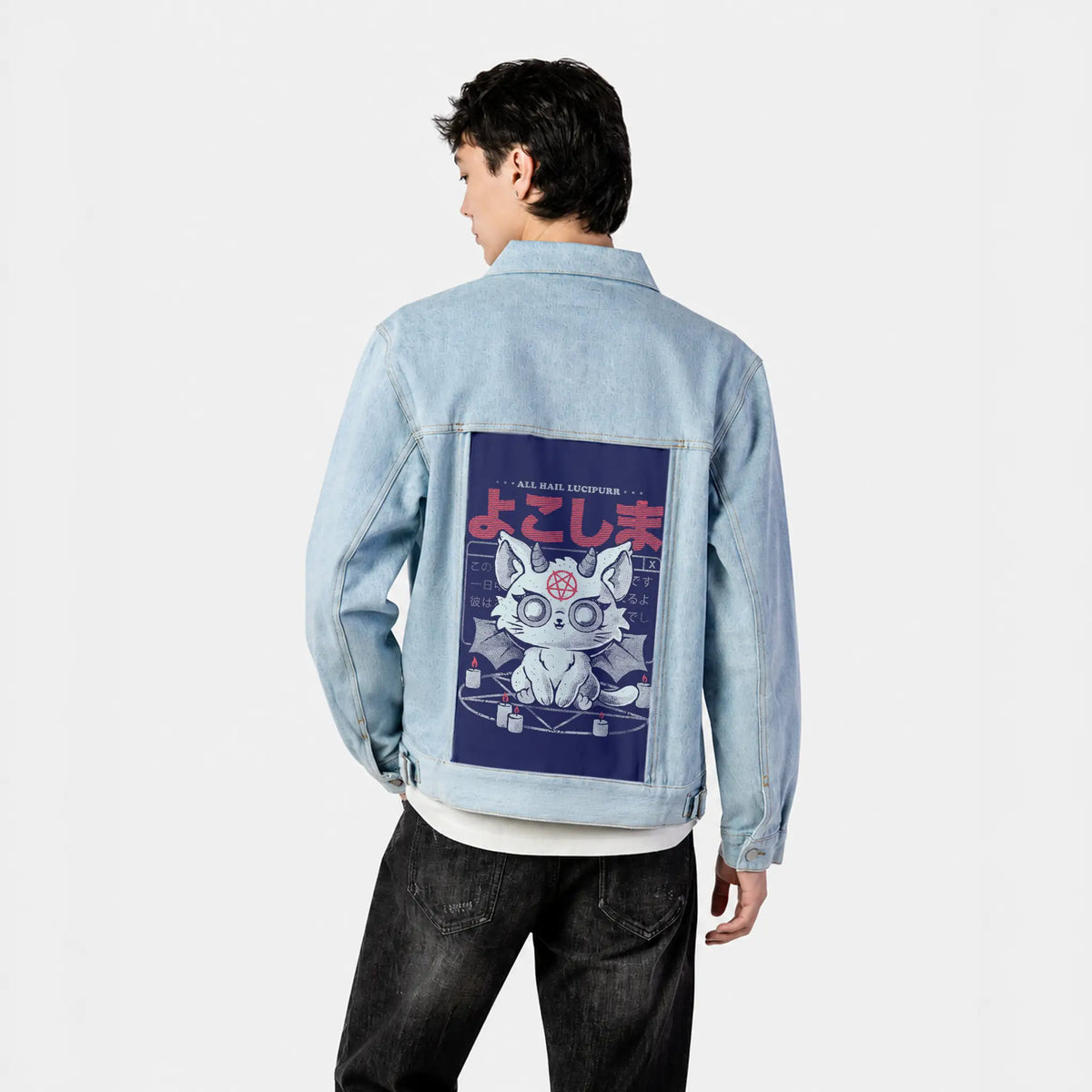 haillucipurr patch on male og denim jacket in oceanside