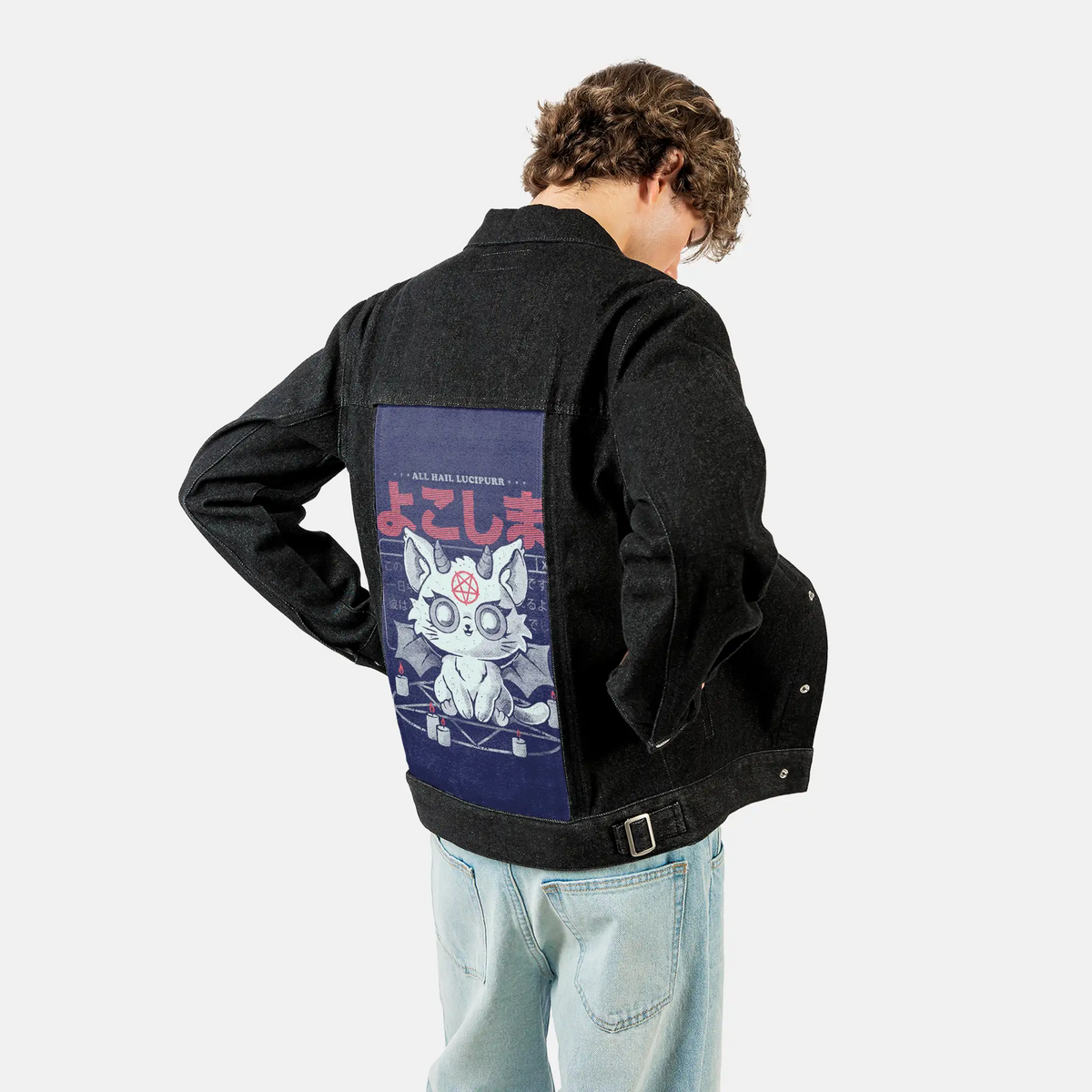 haillucipurr patch on male og denim jacket in raven