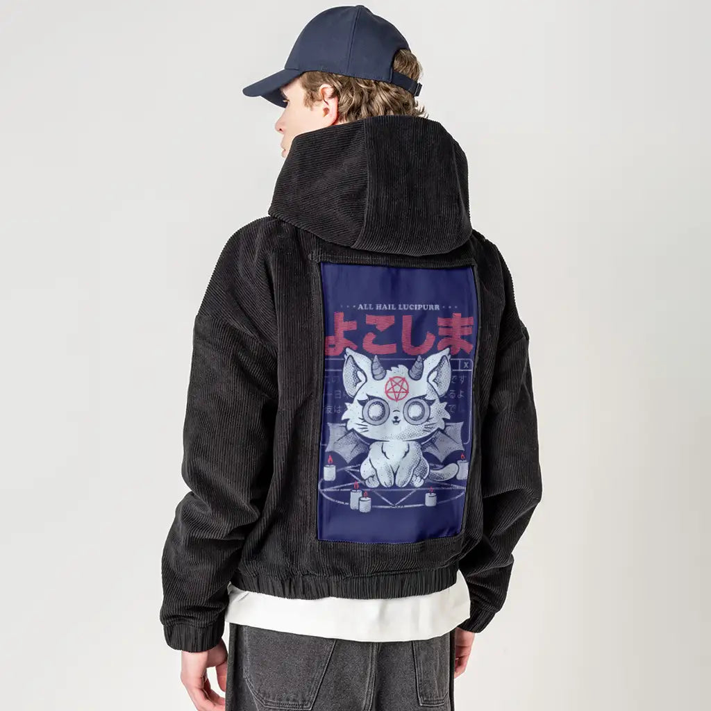 haillucipurr patch on male retro cord hoodie in onyx