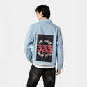 halfevil patch on male og denim jacket in oceanside