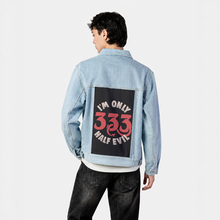 halfevil patch on male og denim jacket in oceanside