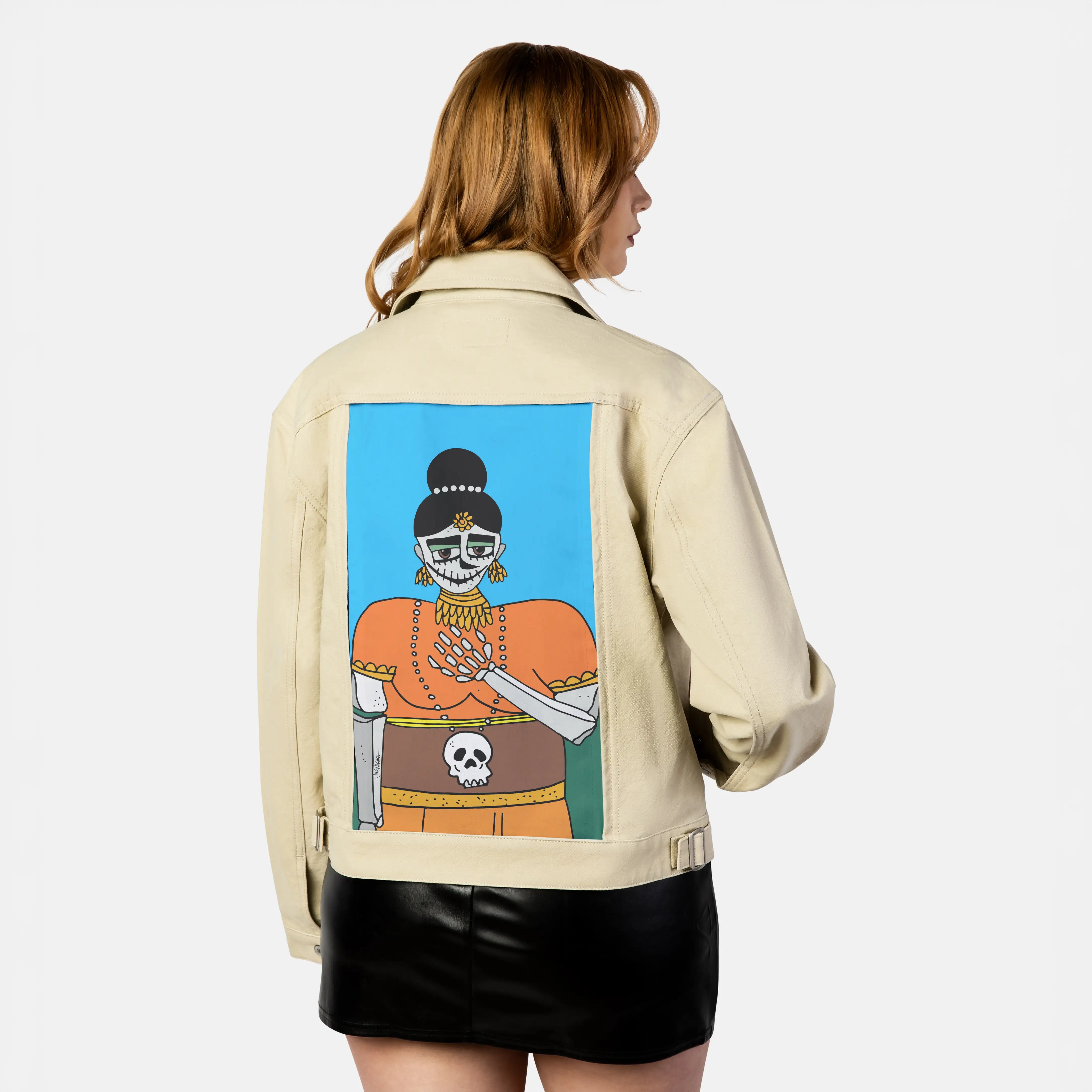 halloween patch on female atelier canvas jacket in tan