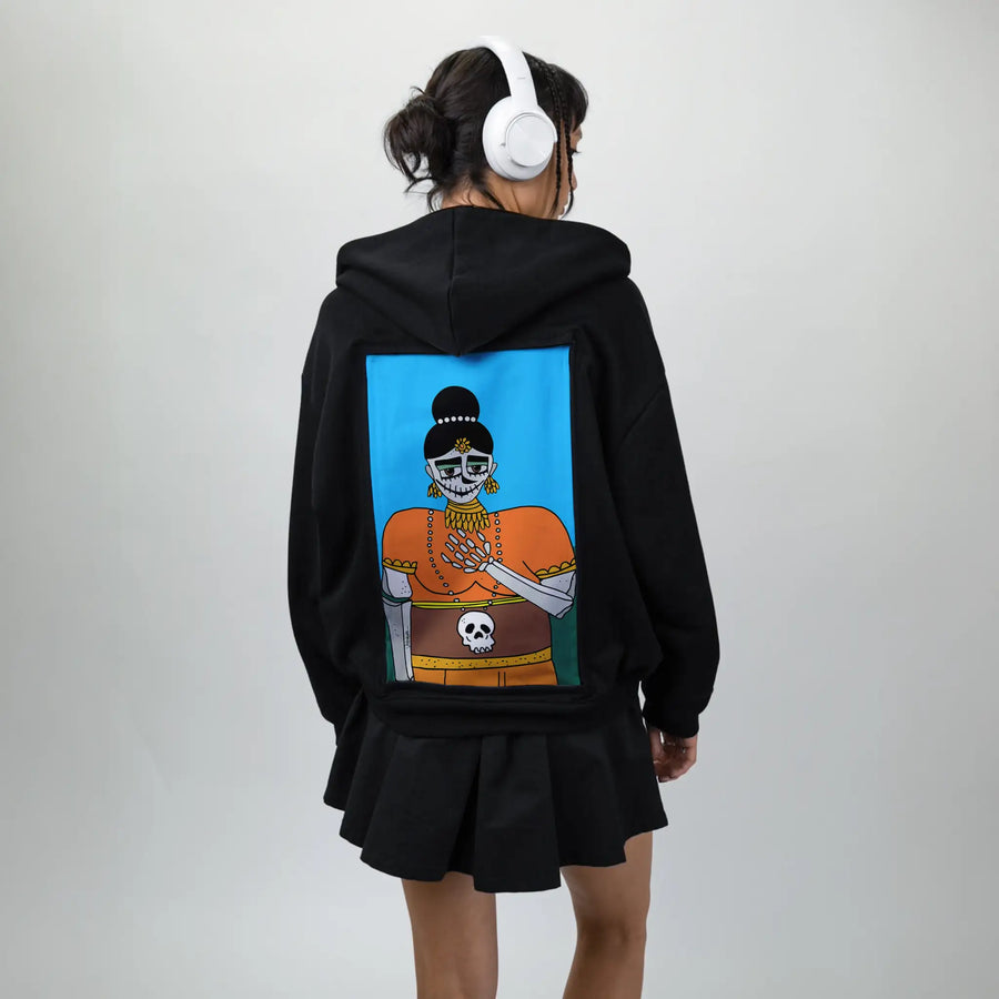 halloween patch on female essential zip hoodie in after hours