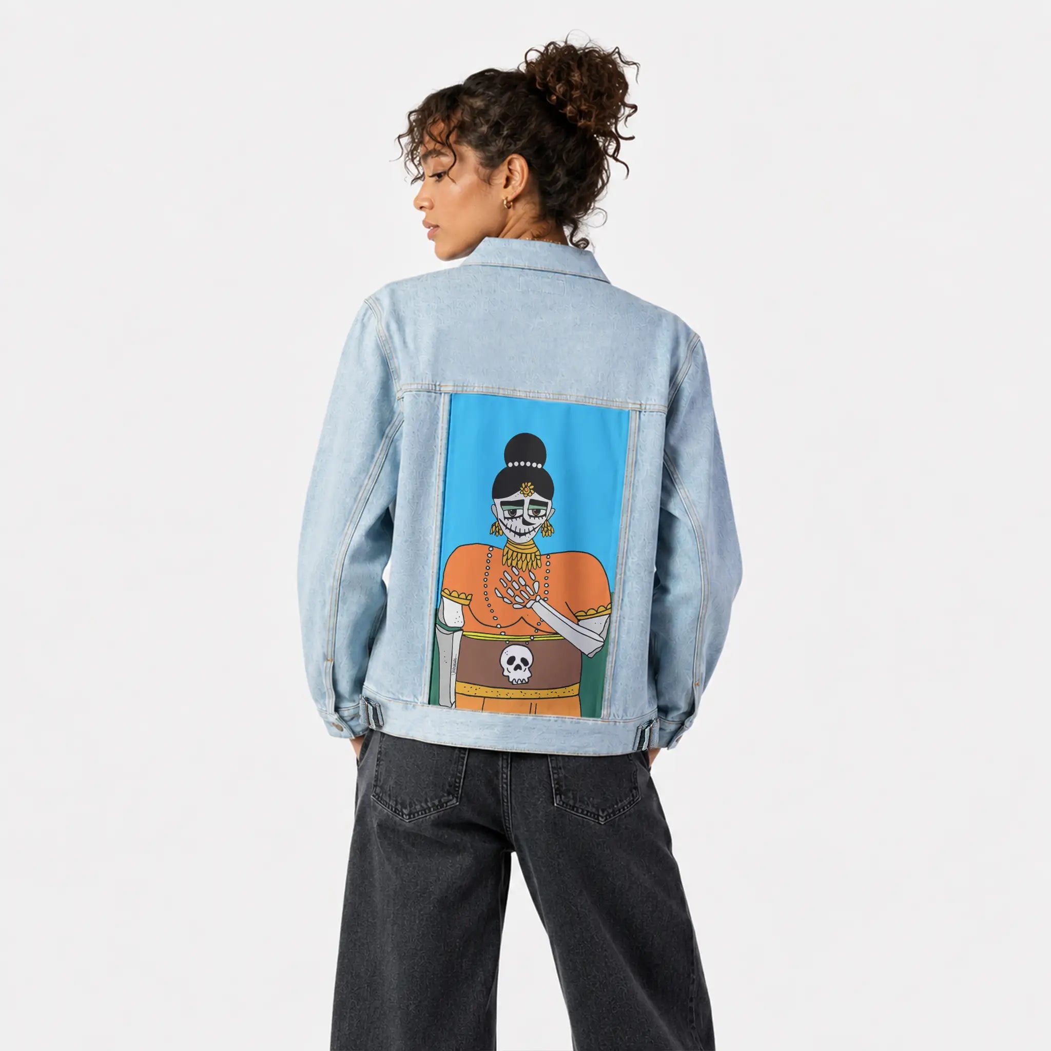 halloween patch on female og denim jacket in oceanside