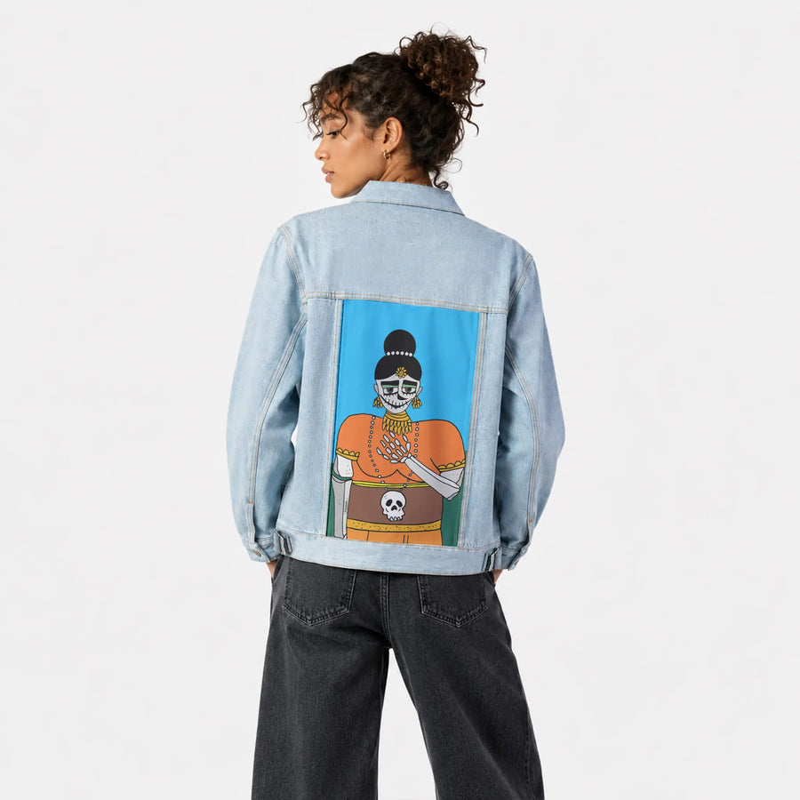 halloween patch on female og denim jacket in oceanside