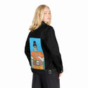 halloween patch on female og denim jacket in raven