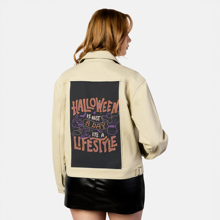 halloweenisnotaday patch on female atelier canvas jacket in tan