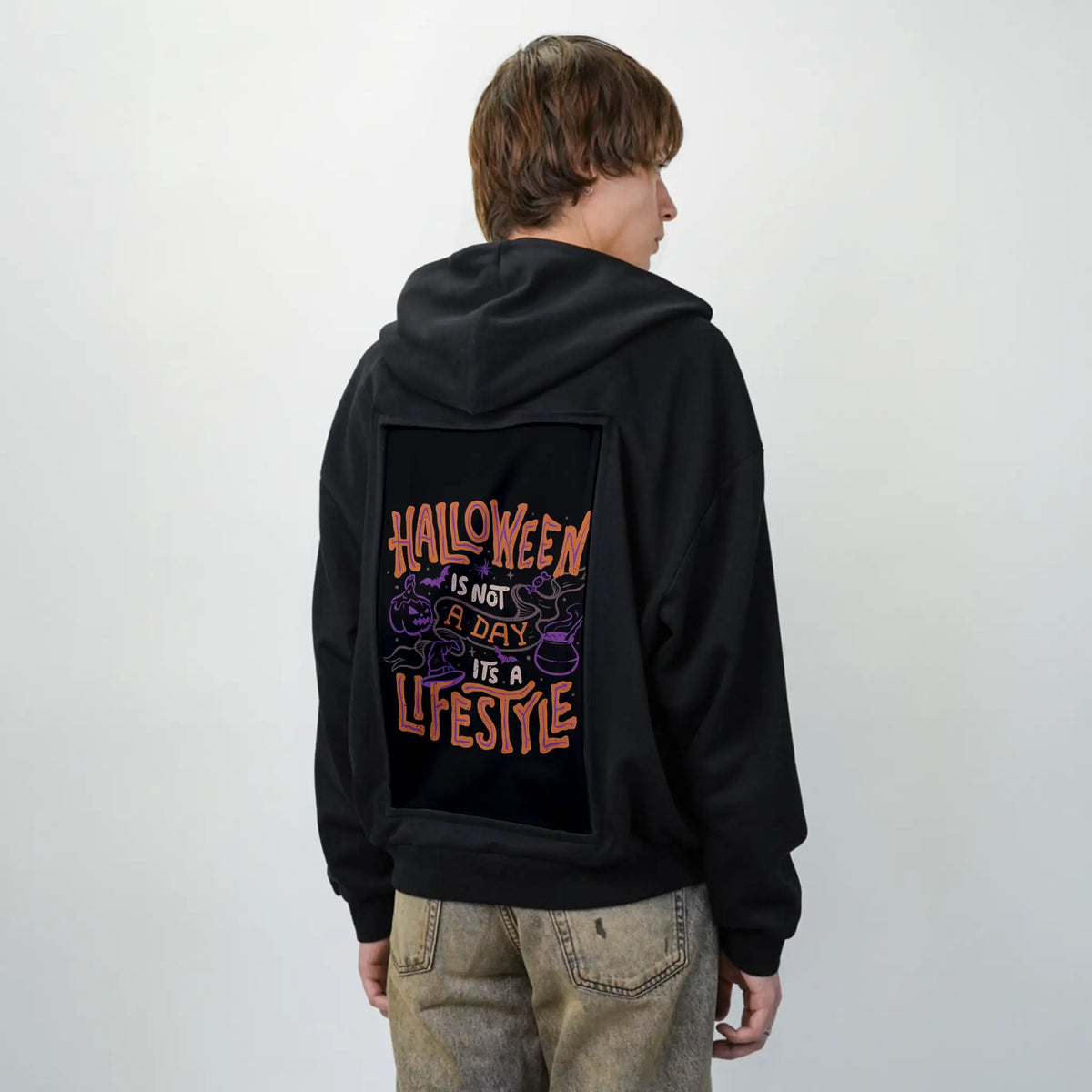 halloweenisnotaday patch on male essential zip hoodie in after hours