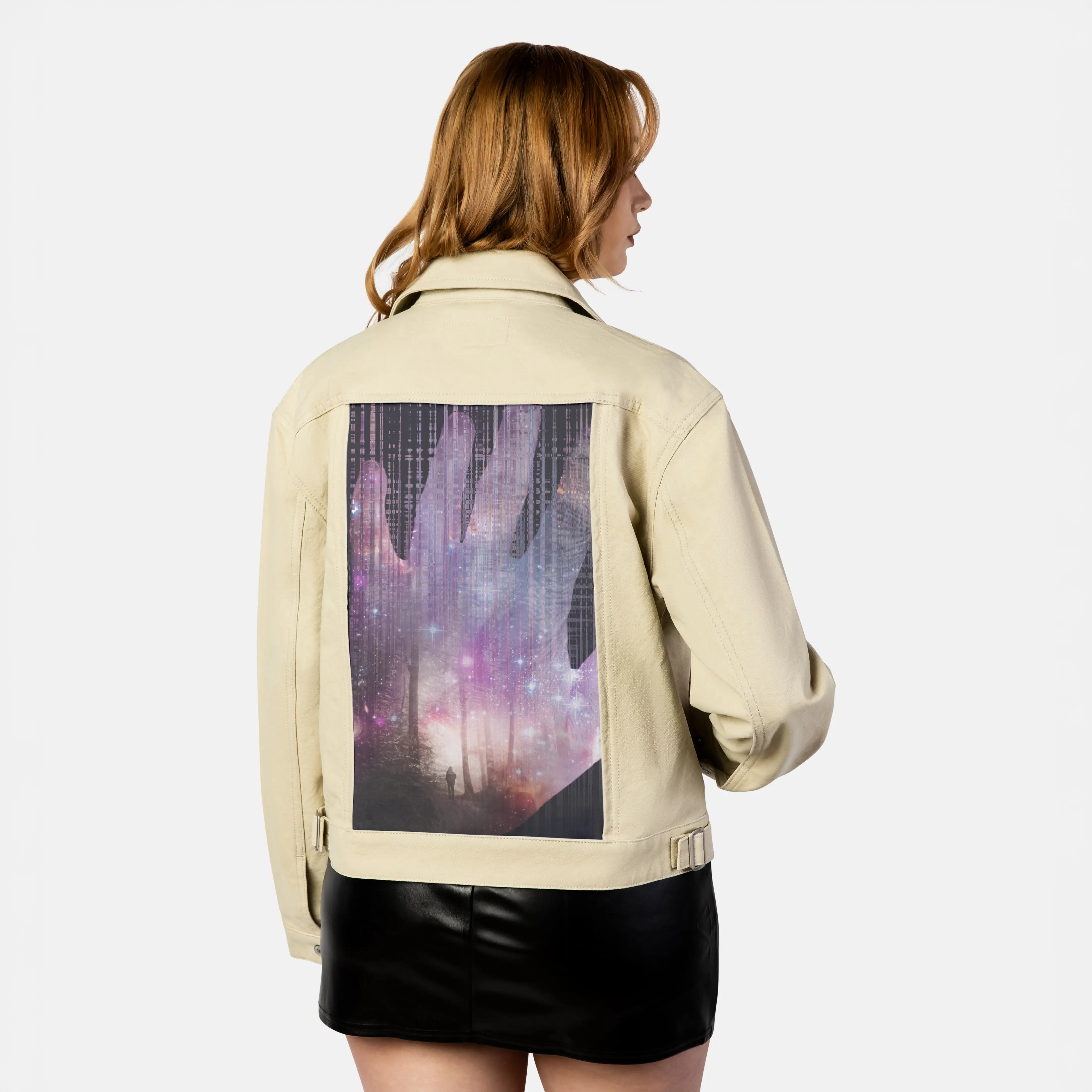 handscape patch on female atelier canvas jacket in tan