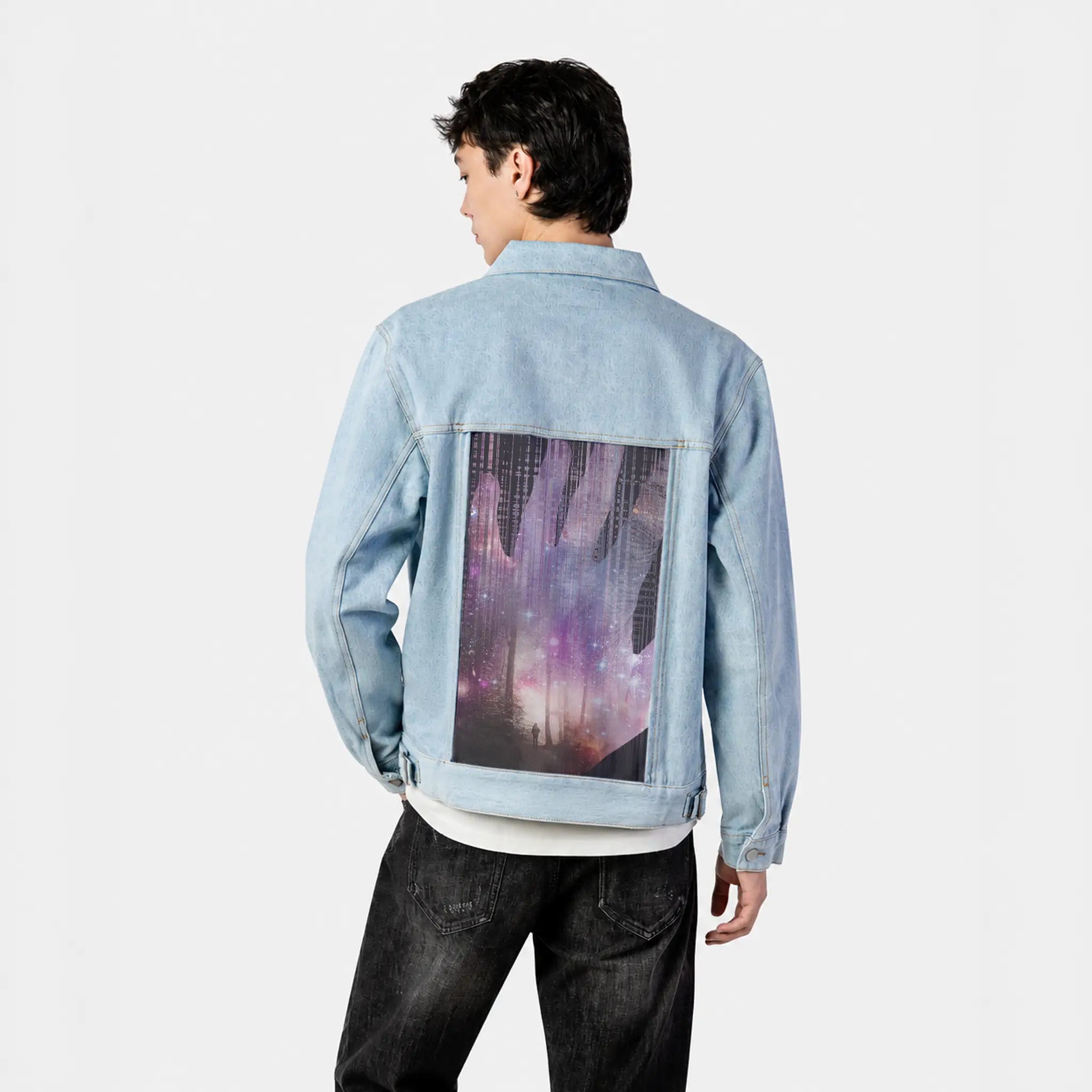 handscape patch on male og denim jacket in oceanside