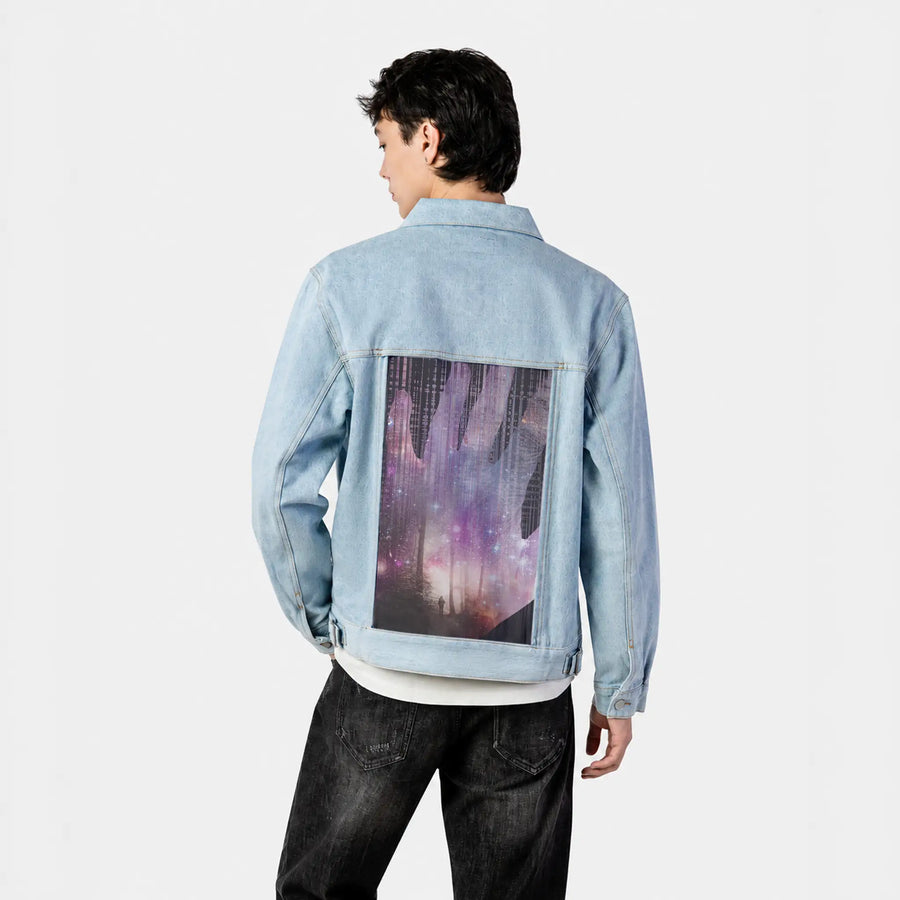 handscape patch on male og denim jacket in oceanside