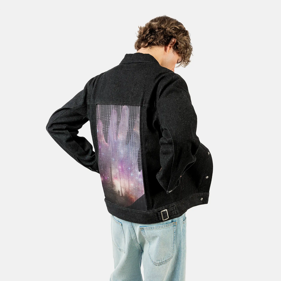 handscape patch on male og denim jacket in raven