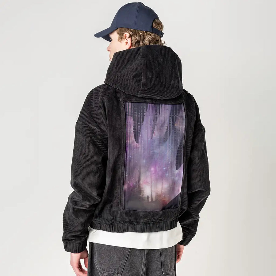 handscape patch on male retro cord hoodie in onyx