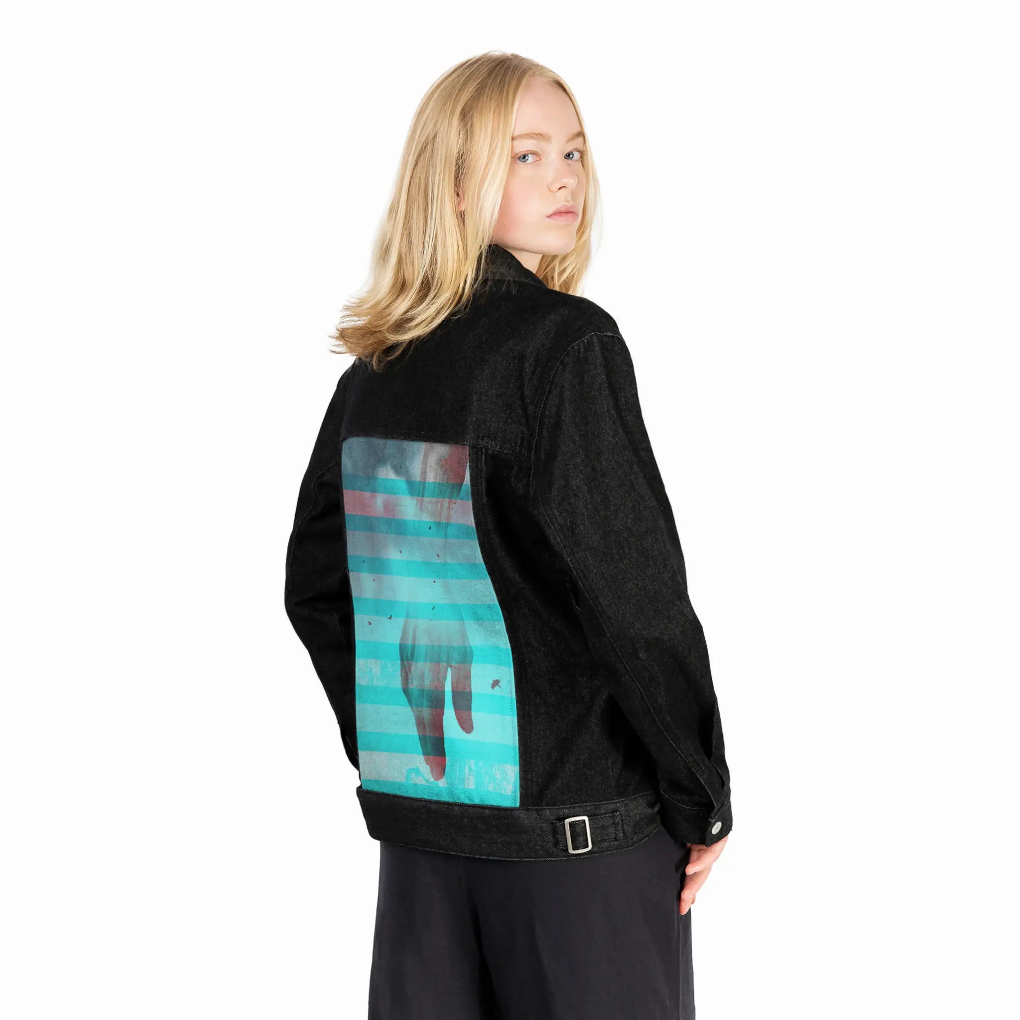 handscapecaress patch on female og denim jacket in raven