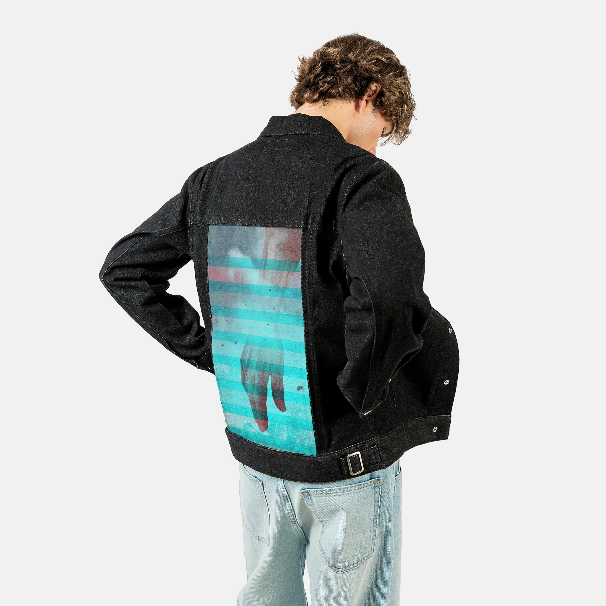 handscapecaress patch on male og denim jacket in raven