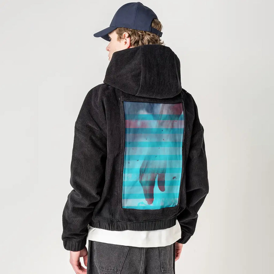 handscapecaress patch on male retro cord hoodie in onyx