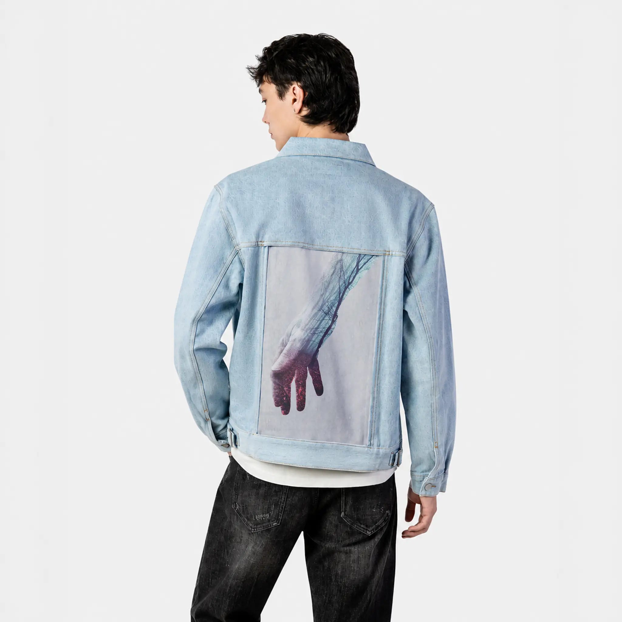 handscapepowerlines patch on male og denim jacket in oceanside