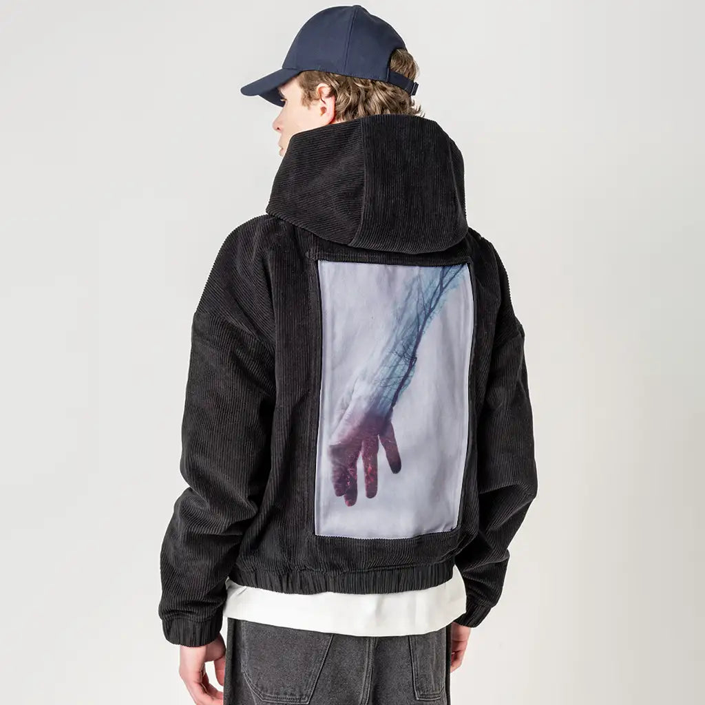 handscapepowerlines patch on male retro cord hoodie in onyx