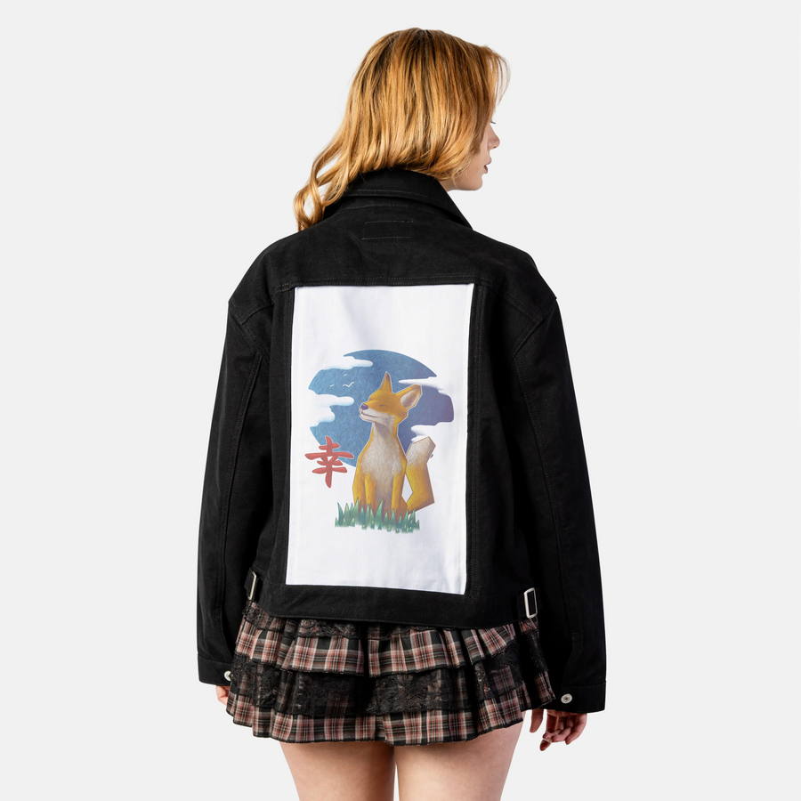 happiness patch on female atelier canvas jacket in nightfall