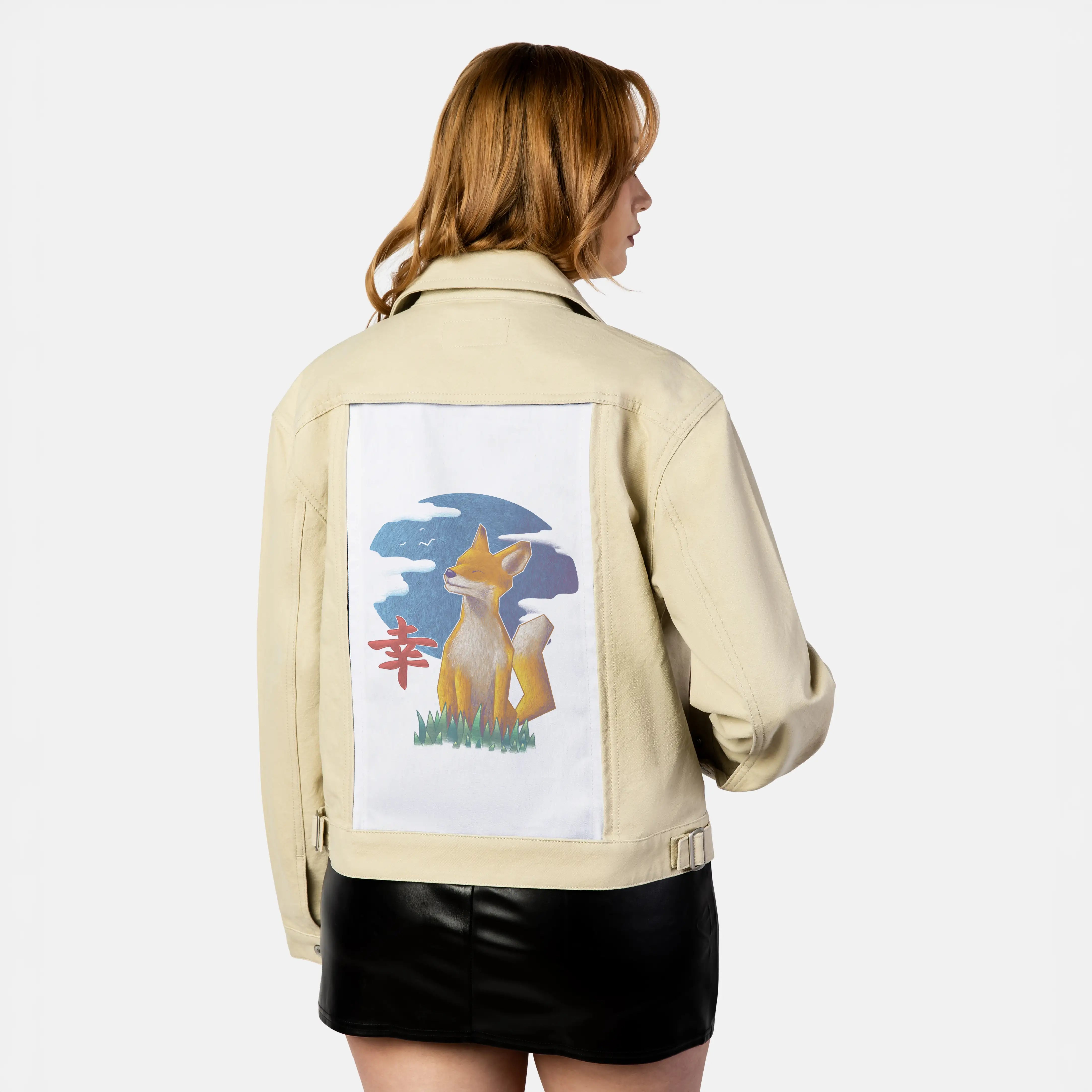 happiness patch on female atelier canvas jacket in tan