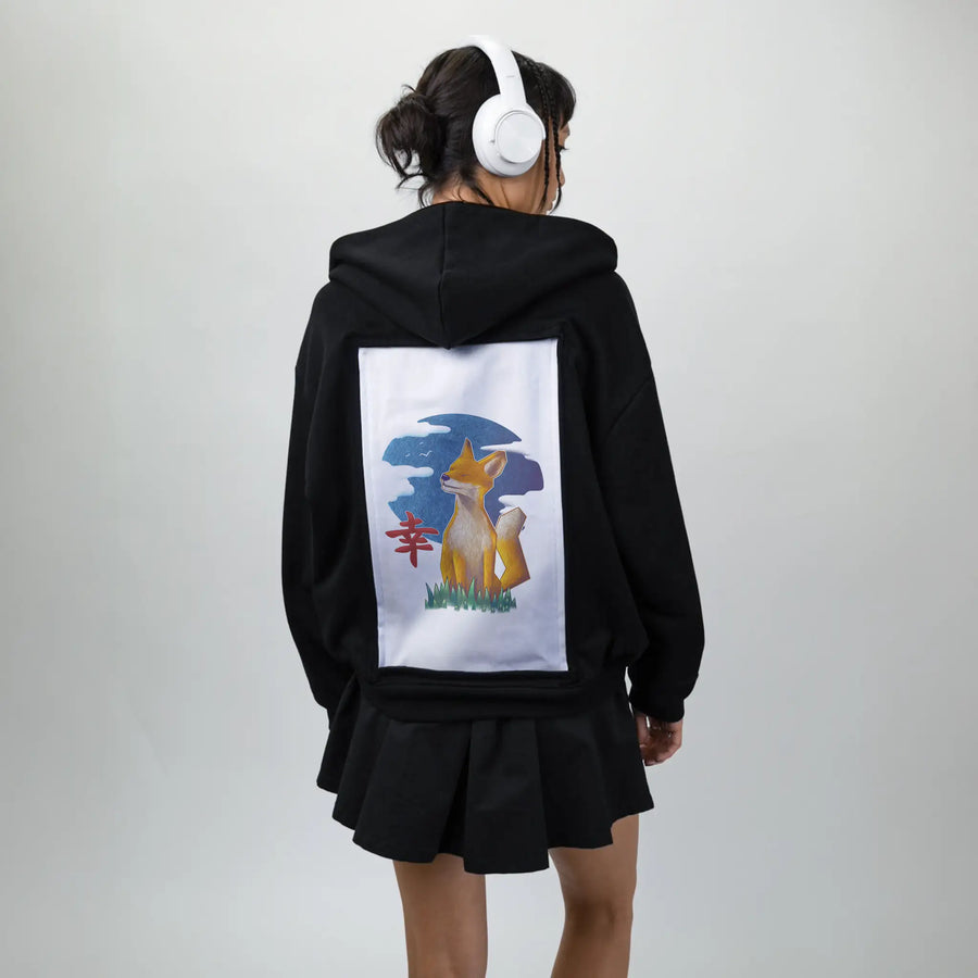 happiness patch on female essential zip hoodie in after hours
