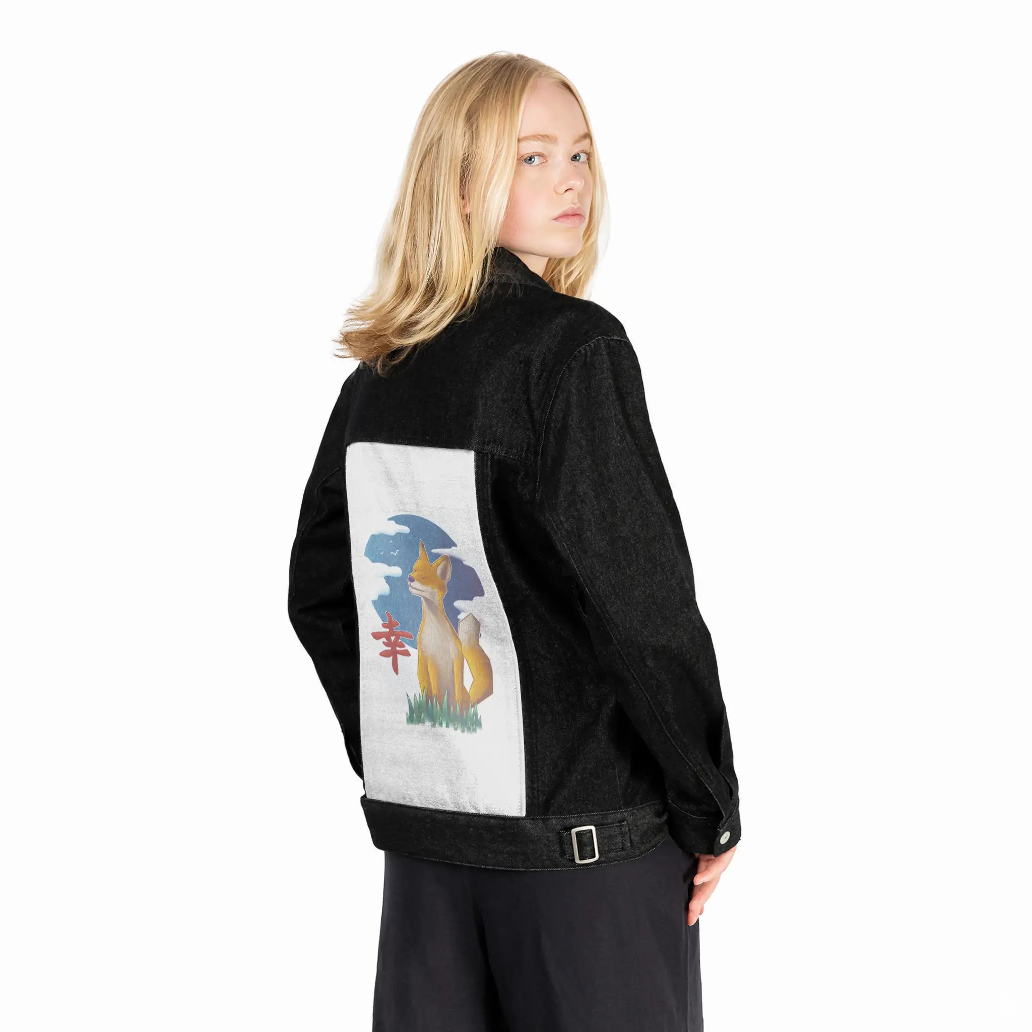 happiness patch on female og denim jacket in raven